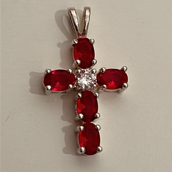 Sterling Silver Red Stone Cross - Picture 3 of 9